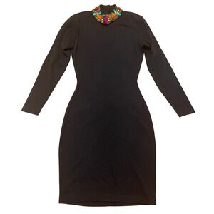 Vintage 80s 90s Fusion Black‎ Bodycon Sweater Dress Jeweled Embellished Collar S